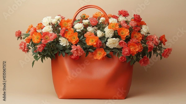Obraz Stylish Orange Handbag Filled with Colorful Roses and Begonias on a Soft Background