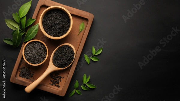Obraz Black tea leaves in wooden bowls on a dark background with green tea leaves