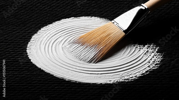 Obraz Close-up of a paintbrush spreading white paint in a circular pattern on a textured black canvas