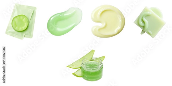 Fototapeta Collection of Various Green Cosmetic Gels and Creams Featuring Unique Textures and Shapes on a transparent Background Including Aloe Vera Elements