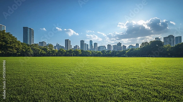 Obraz vibrant green field contrasts with city skyline under clear blue sky