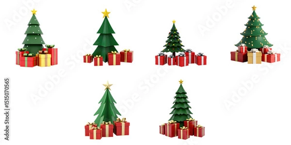 Fototapeta Collection of Colorful Christmas Trees with Decorative Gifts in Festive Arrangements Showcasing Different Styles and Colors on a Dark Background