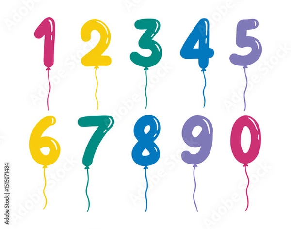 Obraz helium balloons in the shape numbers for childrens kids birthday. Cute and positive decor hand drawn set. Colorful drawing line clipart symbol collection