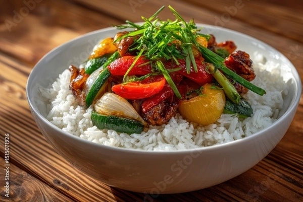 Obraz Stirfry atop rice in a white bowl featuring a mix of vegetables and possibly meat garnished with green onions