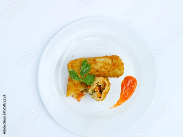 Fototapeta Top view of Crispy vegetable rissole cut open on a white plate, served with chili sauce. isolated on white background