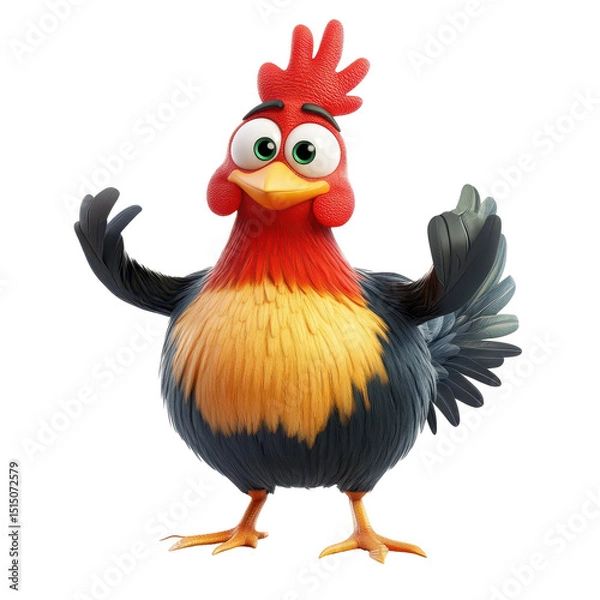 Fototapeta Colorful cartoon rooster character with a lively expression welcomes viewers in a playful setting