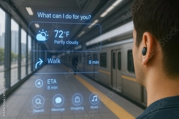Fototapeta A commuter uses an augmented reality interface at a train station, viewing weather updates and directions on a futuristic display.