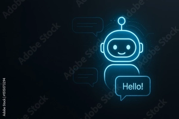 Fototapeta Chatbot greeting user in neon style. Cute digital assistant with glowing text bubble saying Hello in a dark interface.