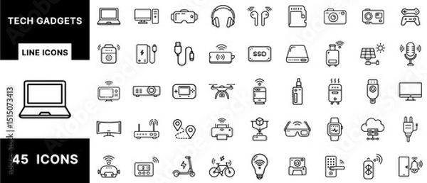 Fototapeta Tech Gadgets Line Icons Set Featuring Drones, Smart Devices, VR, Wearables, Headphones, Cameras, Consoles, Bluetooth, Chargers, USB, and IoT Electronics
