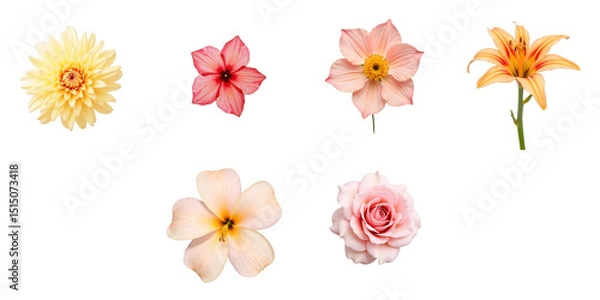 Fototapeta Collection of Colorful Flowers on transparent Background Featuring Yellow, Pink, and Orange Blooms with Unique Petal Shapes and Varied Foliage for Floral Design and Decoration Use