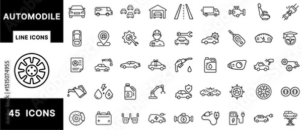 Fototapeta Automobile Line Icons Set Featuring Cars, Car Repair, Electric Vehicles, Tools, Garage, Fuel, Engines, Speedometers, Batteries, Tires, and Vehicle Maintenance