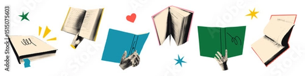 Fototapeta Halftone hands holding open books art collage cut outs set. Reading together, book exchange, crossing, swapping, education and study concept. Modern retro vector illustration for mixed media design