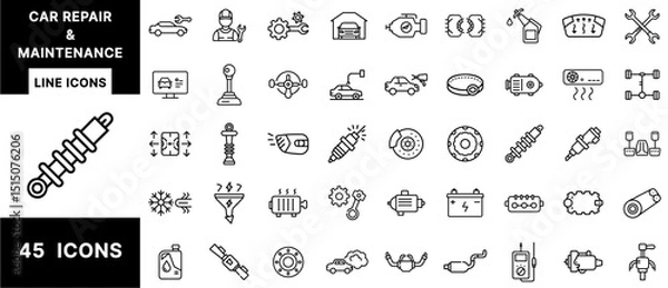 Fototapeta Car Repair and Maintenance Line Icons Set Featuring Engine Parts, Tools, Diagnostics, Oil Change, Vehicle Lift, Spark Plug, Brake System, Fluids, and Suspension