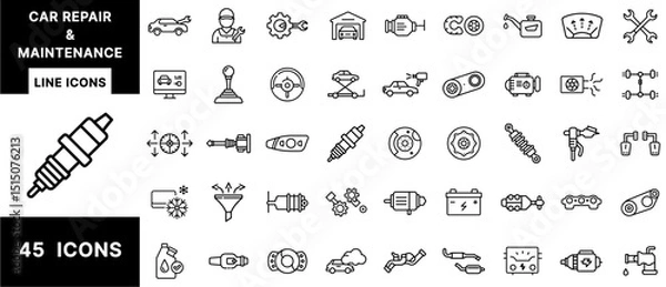 Fototapeta Car Repair and Maintenance Line Icons Set Featuring Engine Parts, Tools, Diagnostics, Oil Change, Vehicle Lift, Spark Plug, Brake System, Fluids, and Suspension
