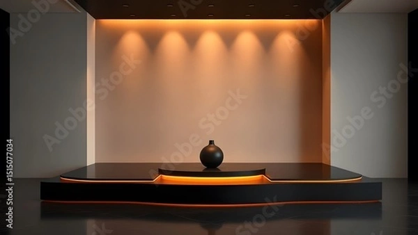 Fototapeta Luxury Room Diffuser Display on Sleek Black Platform with Warm Glow Accents, Modern Luxury Style in Black and Amber Palette