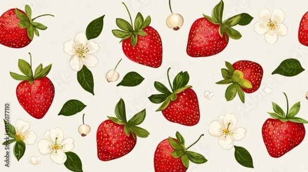 Obraz A vibrant pattern featuring fresh strawberries and delicate flowers, perfect for summer designs and culinary themes.
