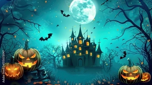 Fototapeta Halloween background, pumpkins on the background of a spooky castle at night. 