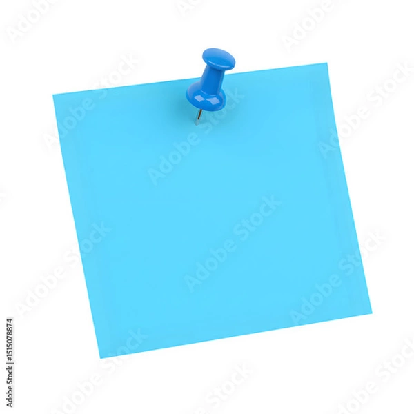 Fototapeta Blue blank sticky post it note with blue pushpin, isolated on white or transparent background. PNG