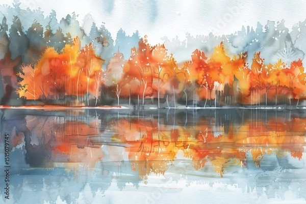 Fototapeta Vibrant autumn landscape reflecting on a calm lake with trees in warm hues at dawn. Watercolor illustration