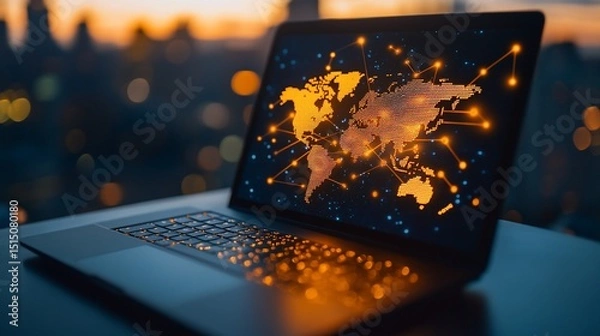 Fototapeta Global network connection displayed on laptop