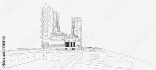 Fototapeta 3d wireframe of building. sketch design.Vector