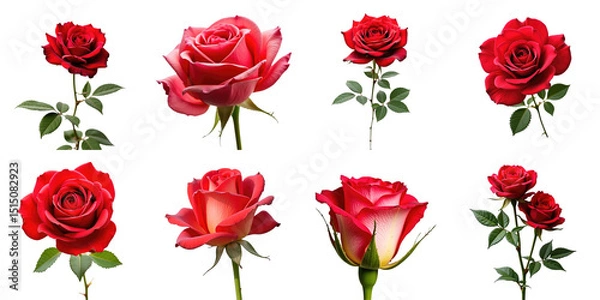 Obraz Collection of Vibrant Red Roses Featuring Varied Blooms and Lush Green Leaves on a transparent Background Ideal for Design Use in Floral Arrangements and Invitations