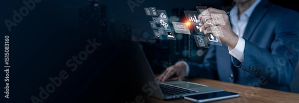 Obraz Global digital technology for business growth and innovation. Businessman using data-driven strategies and digital transformation for smart business solutions.
