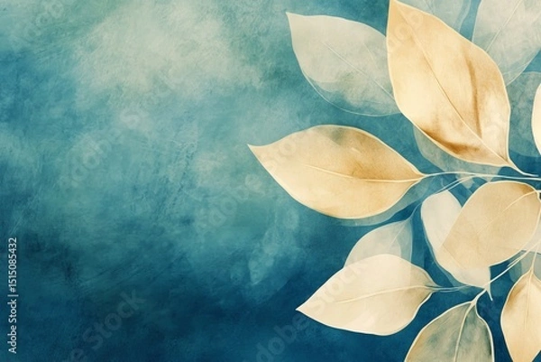 Fototapeta Background of beige leaves on a blue textured background.