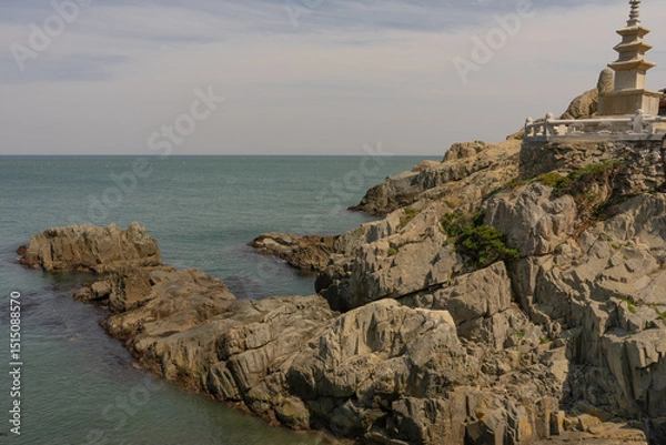 Fototapeta Haedong Yonggungsa Temple coastal landscape, tranquil mood, rocky shore and ocean view, Busan, South Korea