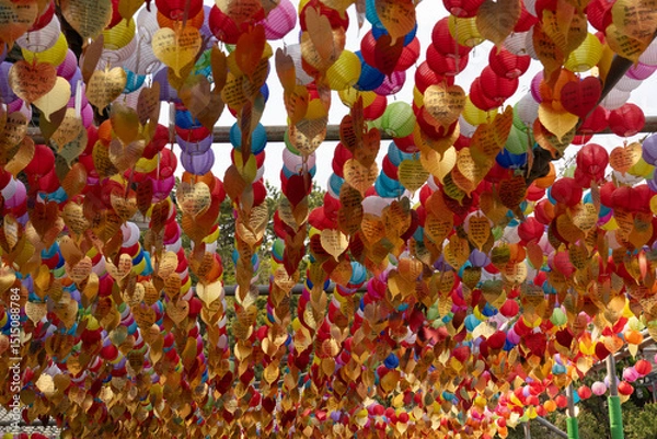 Obraz Colorful lanterns with wish notes, traditional festival mood, representing hope and blessings, Busan, South Korea, Haedong Yonggungsa Temple backdrop
