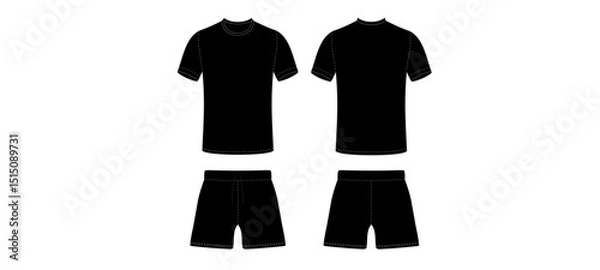 Fototapeta Black T-Shirt and Shorts Set Mockup Template – Front and Back View. Vector Illustration.