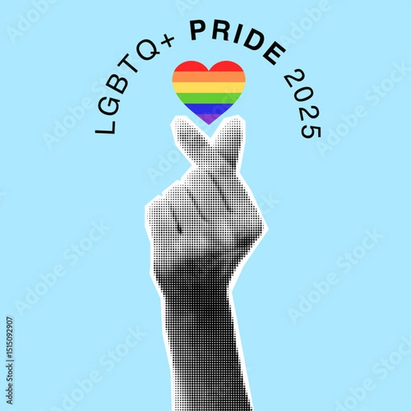 Obraz Halftone human hand and rainbow Pride flag heart shape isolated on blue background. Trendy collage cut out paper element for Pride Month banner, poster, card. Vector k-pop finger heart gesture