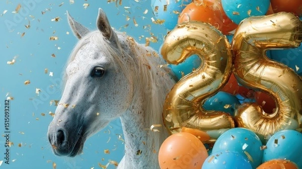 Obraz Weißes Pferd mit goldener 25 und Konfetti – Jubiläumsfeier in buntem Setting