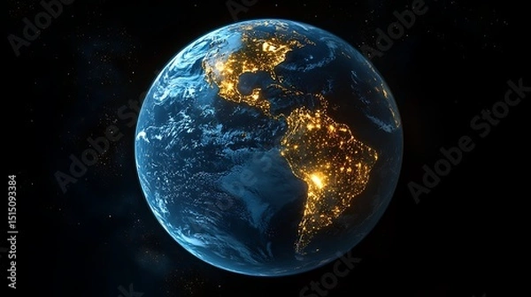 Obraz View of Earth from space at night, showing illuminated cities and continents