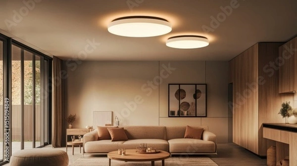 Obraz Modern Minimalist Living Room with Dual Round Flush Mount Ceiling Lights, Warm Lighting Concept, Beige Sofa, Wooden Accents. Modern Lighting, Interior Design