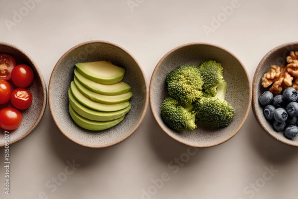 Obraz Clean and bright flat lay of healthy anti-aging foods in ceramic bowls