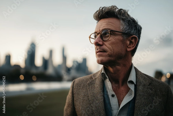 Obraz Thoughtful Man Looking at City Skyline