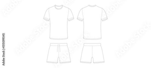 Fototapeta T-Shirt and Shorts Technical Flat Sketch – Front and Back View. Vector Illustration.