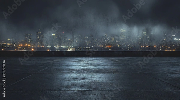 Obraz dark concrete floor with night city skyline in background, illuminated by city lights