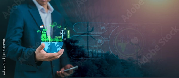 Fototapeta Concept of corporate environmental stewardship: Professional demonstrating sustainable business practices, renewable energy, and net-zero carbon initiatives