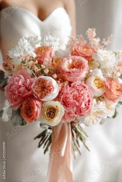 Obraz Beautiful bridal bouquet featuring a variety of pink and white flowers, elegantly arranged with delicate greenery and a soft ribbon, perfect for weddings and romantic occasions