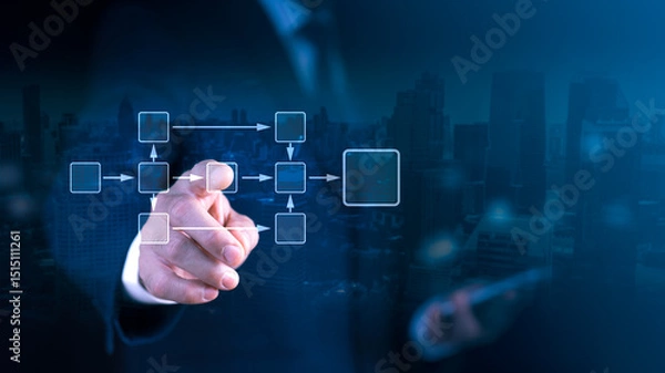 Fototapeta Business process automation: Professional interacting with a holographic flow chart, symbolizing strategic planning, workflow optimization, and data management.