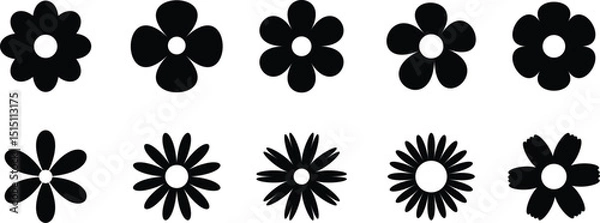 Fototapeta Groovy hippy flowers set. Spring flower vector set. Flower icon, hand drawn decorative. Flowers silhouette. Vector illustration.