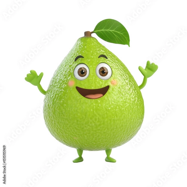 Fototapeta Cheerful cartoon avocado character with a green body and expressive eyes standing cheerfully on a white background