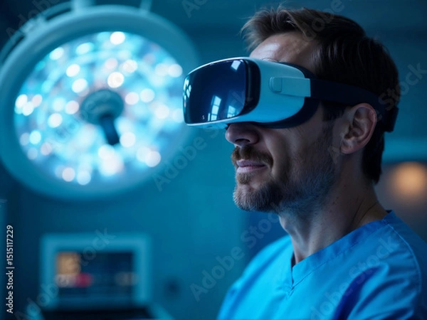 Fototapeta A surgeon in an operating room wearing virtual reality glasses, experiencing the surgical procedure.