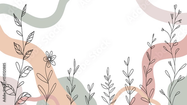 Fototapeta Minimalist botanical line art background with abstract pastel shapes elegant hand-drawn floral illustration for invitations, packaging, social media, and branding design