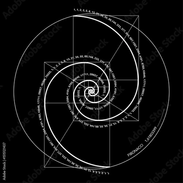 Obraz Fibonacci Sequence Spiral. Golden ratio. Geometric shapes Circles in golden proportion. Futuristic minimalist fashion design. Logo. Vector icon isolate on black background