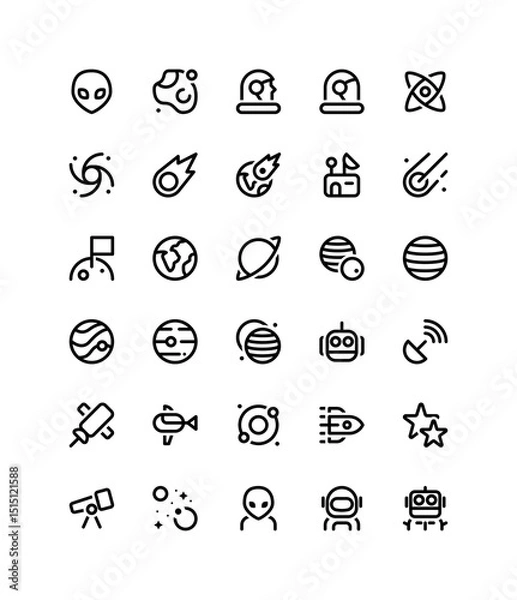 Fototapeta Astronomy icon set. Various simple illustrations including: alien, astronaut, planet, black hole, moon, telescope, nucleus, observatory, etc.