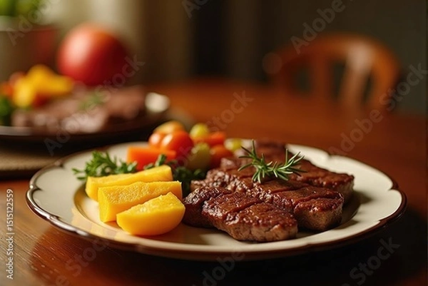 Fototapeta Grilled steak with vegetables on white plate.