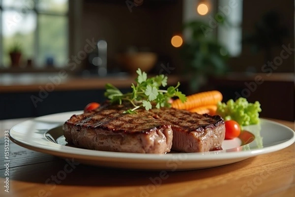 Fototapeta Grilled steak on a white plate with vegetables, blurred kitchen background, home-cooked meal